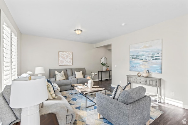 living room featuring wood finished floors and baseboards