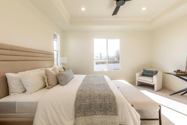 7277 W Hall Crossing Dr S, Herriman, UT 84096 - carpeted bedroom with crown molding, a raised ceiling, recessed lighting, and a ceiling fan