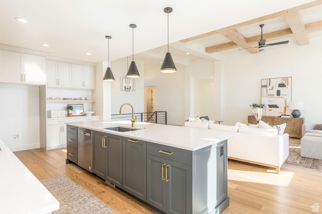 7277 W Hall Crossing Dr S, Herriman, UT 84096 - kitchen featuring white cabinets, a sink, beamed ceiling, recessed lighting, and gray cabinetry