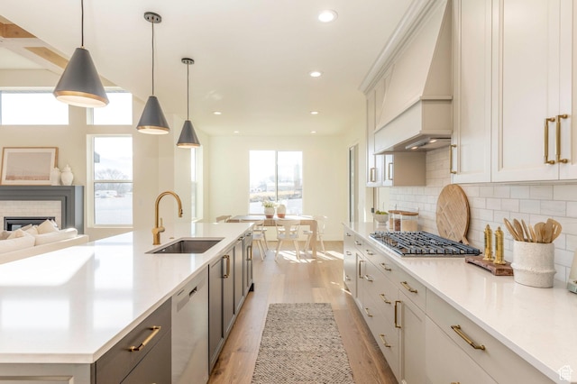 7277 W Hall Crossing Dr S, Herriman, UT 84096 - kitchen featuring custom exhaust hood, a sink, dishwashing machine, backsplash, and light wood-style flooring