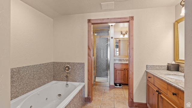 840 Bigler Ln W Unit 3023, Midway, UT 84049 - bathroom with lofted ceiling, shower with separate bathtub, vanity, and tile patterned floors