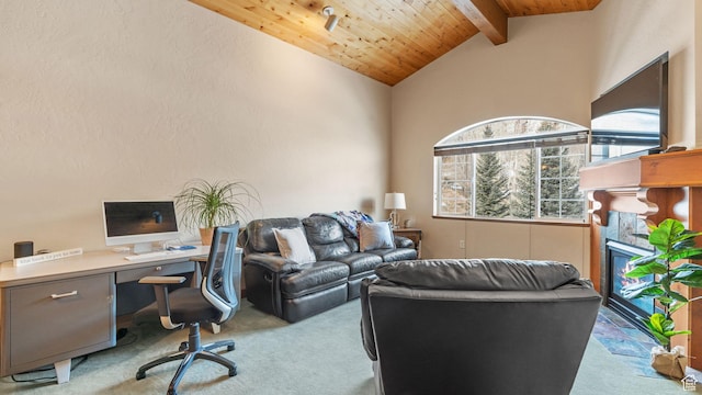 840 Bigler Ln W Unit 3023, Midway, UT 84049 - office with beamed ceiling, high vaulted ceiling, wood ceiling, and light carpet