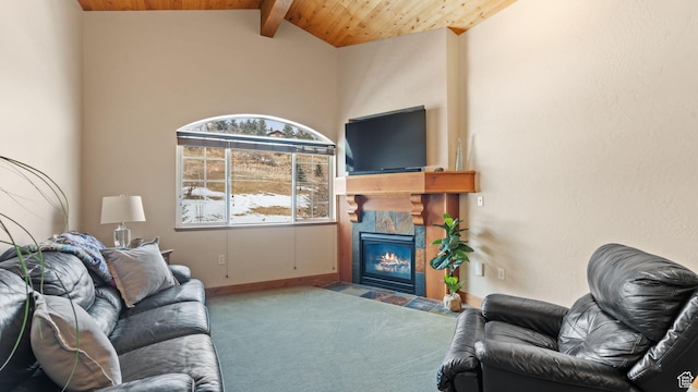 840 Bigler Ln W Unit 3023, Midway, UT 84049 - carpeted living room featuring a tile fireplace, lofted ceiling with beams, and wooden ceiling