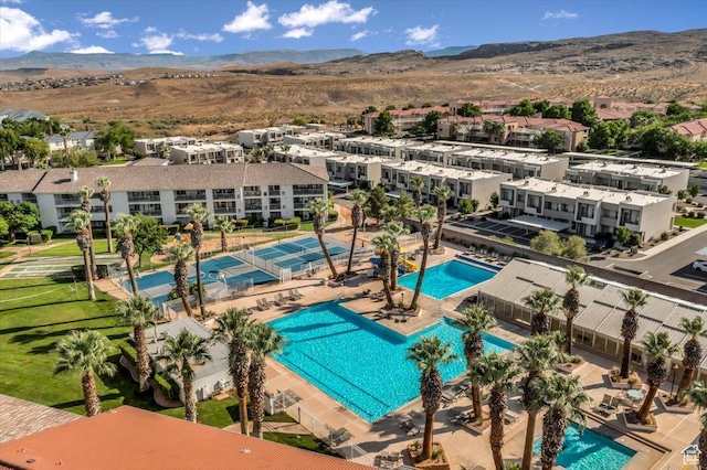 view of pool with a mountain view
