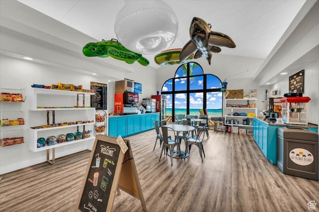 playroom with high vaulted ceiling, hardwood / wood-style floors, ceiling fan, and a water view