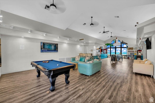game room with pool table, ceiling fan, vaulted ceiling, and hardwood / wood-style floors