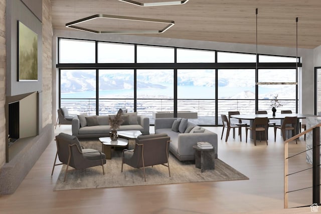 2923 W Jordanelle View Dr Unit 86, Heber City, UT 84032 - living room with wood ceiling, light wood-type flooring, plenty of natural light, and a mountain view