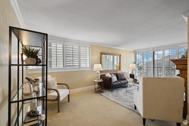 living room with a wealth of natural light, crown molding, and light carpet
