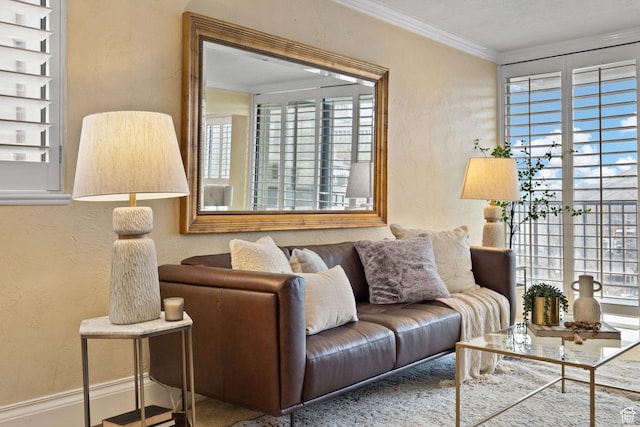 living room featuring crown molding