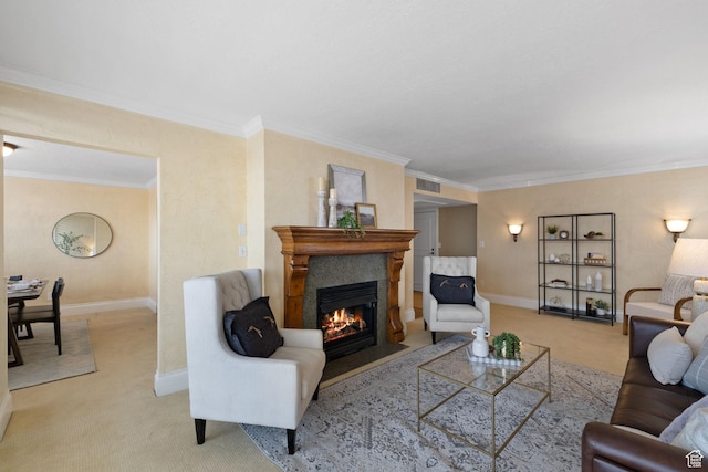carpeted living room featuring ornamental molding