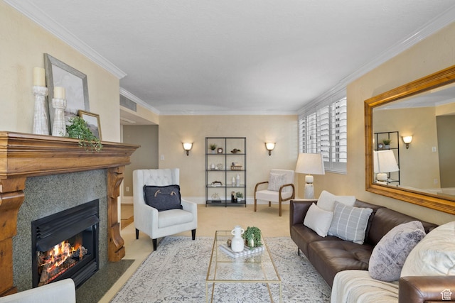 living room featuring a tile fireplace, light carpet, and ornamental molding