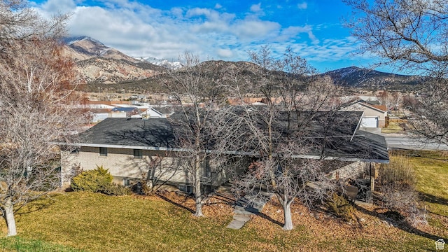back of house featuring a yard and a mountain view
