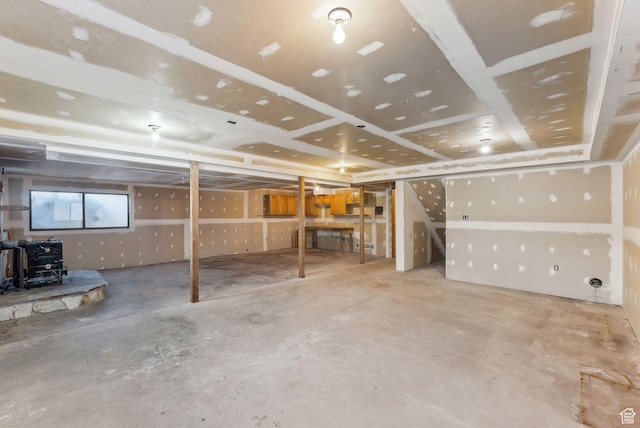 basement with a wood stove