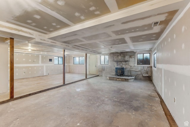 basement with a wood stove