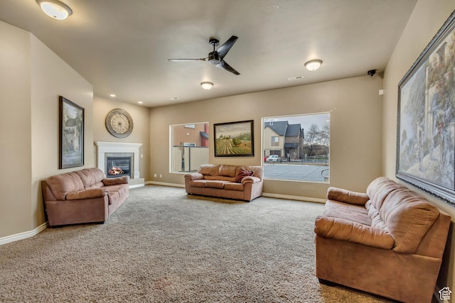 911 W 310 S, Pleasant Grove, UT 84062 - carpeted living room with ceiling fan and a tile fireplace