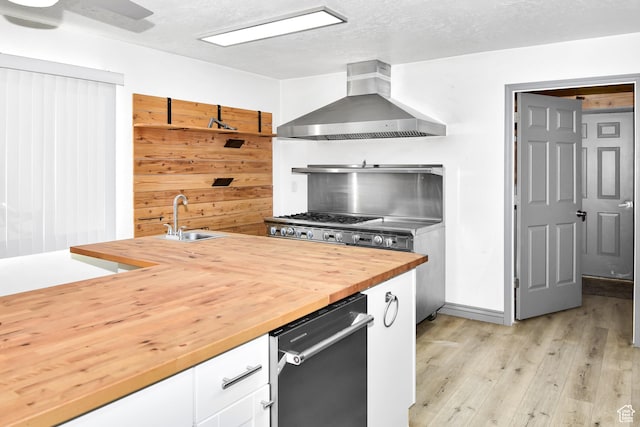 4752 E Max Rd, Downey, ID 83234 - kitchen featuring sink, wooden walls, a textured ceiling, white cabinets, and wall chimney range hood