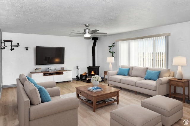4752 E Max Rd, Downey, ID 83234 - living room featuring a textured ceiling, ceiling fan, a wood stove, and light wood-type flooring