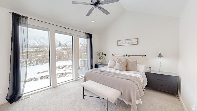 1244 N Washougal, Elk Ridge, UT 84651 - bedroom with access to exterior, light carpet, vaulted ceiling, and a ceiling fan