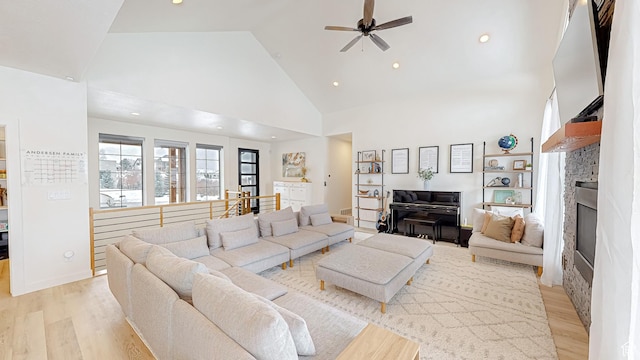 1244 N Washougal, Elk Ridge, UT 84651 - living area featuring high vaulted ceiling, light wood-style flooring, ceiling fan, a fireplace, and recessed lighting