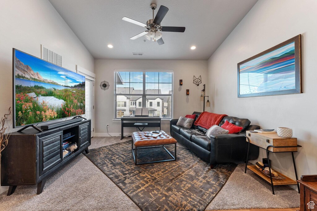 3852 W 1850 N Unit 302, Lehi, UT 84043 - carpeted living room featuring ceiling fan and vaulted ceiling