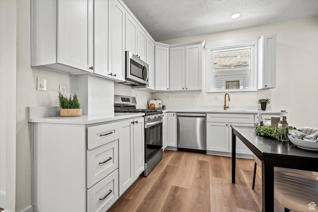 kitchen featuring light wood-style flooring, stainless steel appliances, a sink, white cabinets, and light countertops