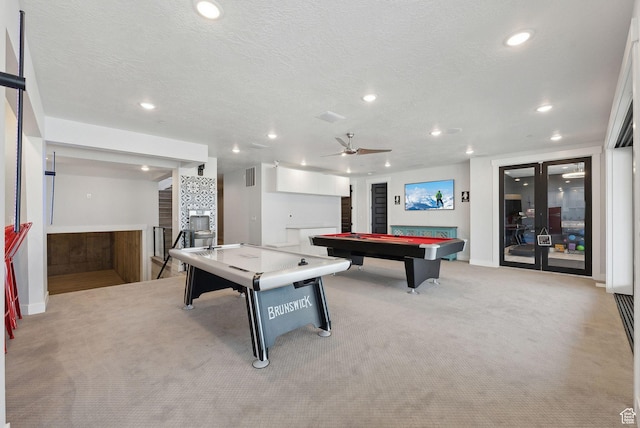 13599 S White Pony Rd W, Herriman, UT 84096 - recreation room with ceiling fan, light colored carpet, a textured ceiling, and billiards