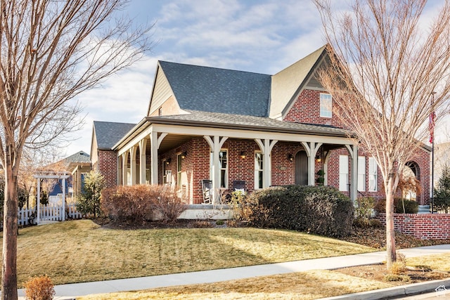 view of front of house featuring brick siding, roof with shingles, a front yard, and fence