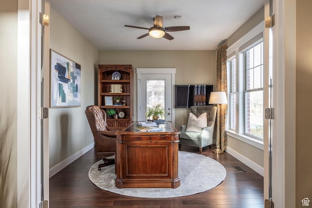 office area with visible vents, baseboards, dark wood-type flooring, and ceiling fan