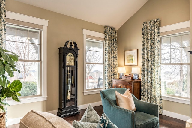 sitting room with baseboards, plenty of natural light, dark wood-type flooring, and lofted ceiling