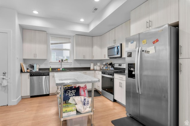 1570 S Main St Unit 102, Salt Lake City, UT 84115 - kitchen with stainless steel appliances, a center island, light hardwood / wood-style flooring, and sink