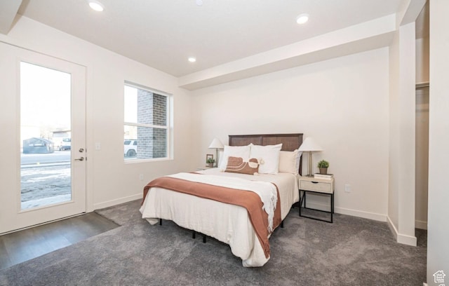 bedroom featuring recessed lighting, carpet, baseboards, and access to outside