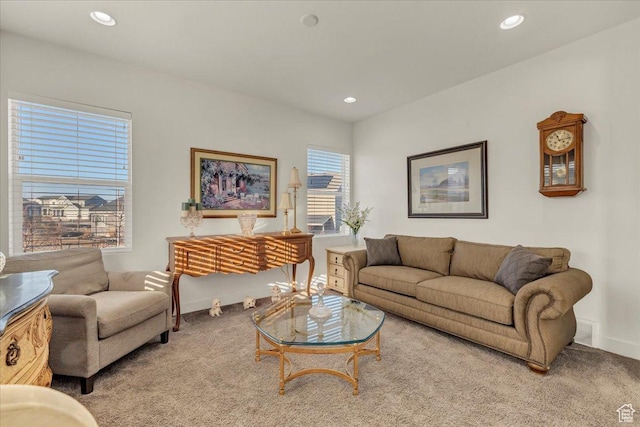 2662 S Waterview, Saratoga Springs, UT 84045 - living area with baseboards, visible vents, recessed lighting, and light carpet