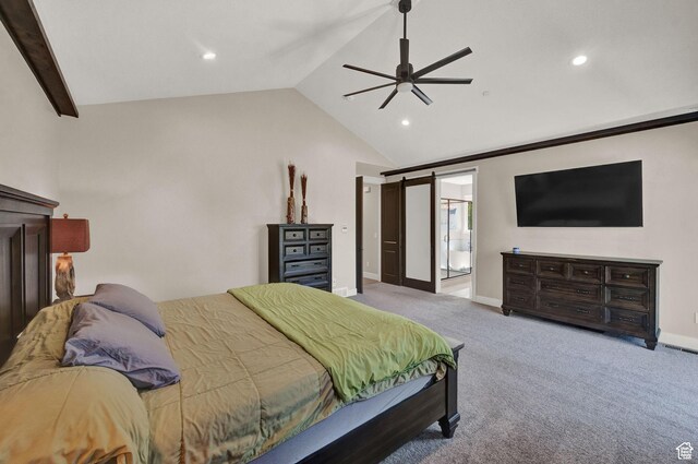 10694 E Cottonwood Ln Unit 539, Heber City, UT 84032 - carpeted bedroom featuring a barn door, recessed lighting, baseboards, and vaulted ceiling