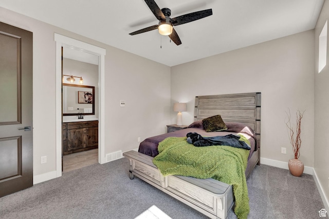 10694 E Cottonwood Ln Unit 539, Heber City, UT 84032 - bedroom featuring a ceiling fan, visible vents, baseboards, ensuite bath, and carpet flooring