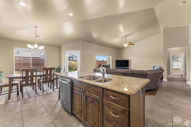 1987 S 2940 E, St George, UT 84790 - kitchen featuring sink, vaulted ceiling, stainless steel dishwasher, ceiling fan with notable chandelier, and a center island with sink