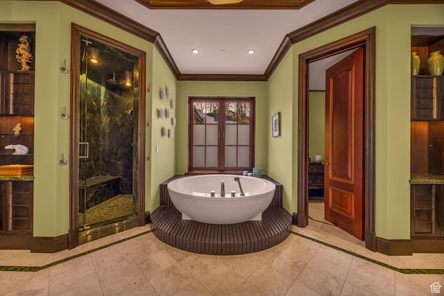 17 White Pine Canyon Rd, Park City, UT 84060 - bathroom featuring a soaking tub, baseboards, a marble finish shower, and ornamental molding