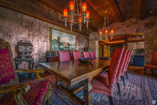 17 White Pine Canyon Rd, Park City, UT 84060 - dining area featuring lofted ceiling with beams and a notable chandelier