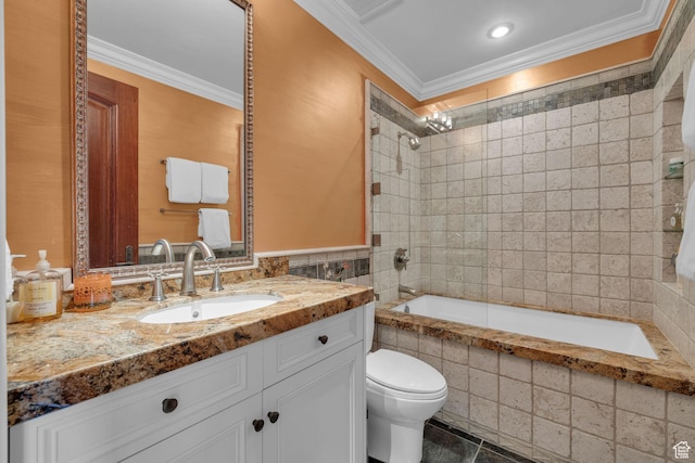 17 White Pine Canyon Rd, Park City, UT 84060 - full bathroom with toilet, vanity, tiled shower / bath, and ornamental molding