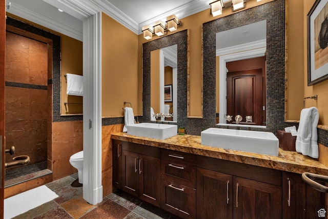 17 White Pine Canyon Rd, Park City, UT 84060 - full bath featuring toilet, tile walls, ornamental molding, and a sink