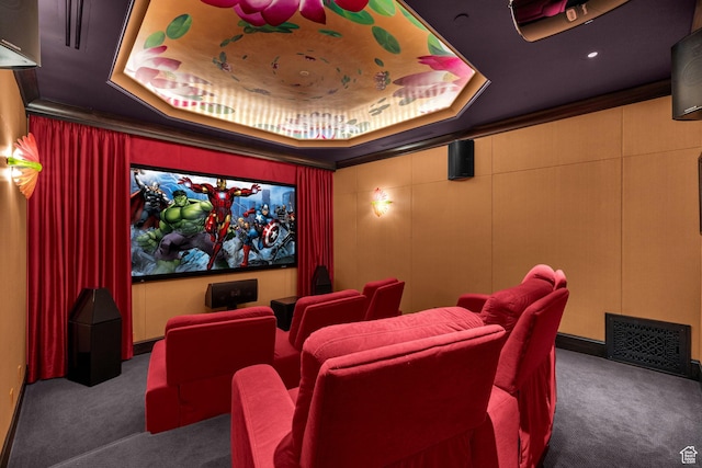 17 White Pine Canyon Rd, Park City, UT 84060 - cinema featuring a raised ceiling, carpet, visible vents, and ornamental molding