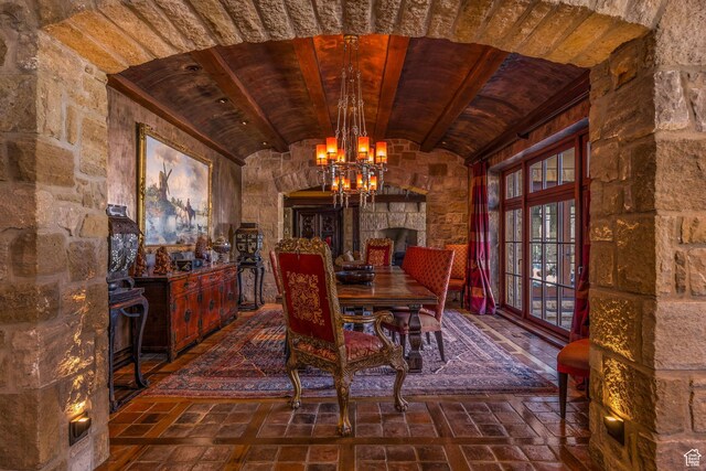 17 White Pine Canyon Rd, Park City, UT 84060 - unfurnished dining area featuring vaulted ceiling with beams and a chandelier