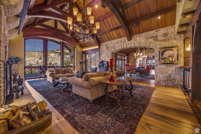 17 White Pine Canyon Rd, Park City, UT 84060 - living room featuring arched walkways, a notable chandelier, wood ceiling, and hardwood / wood-style flooring