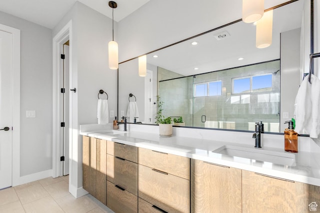 51 N Gray Fox Cir, Kaysville, UT 84037 - bathroom with tile patterned floors, a shower with shower door, and vanity