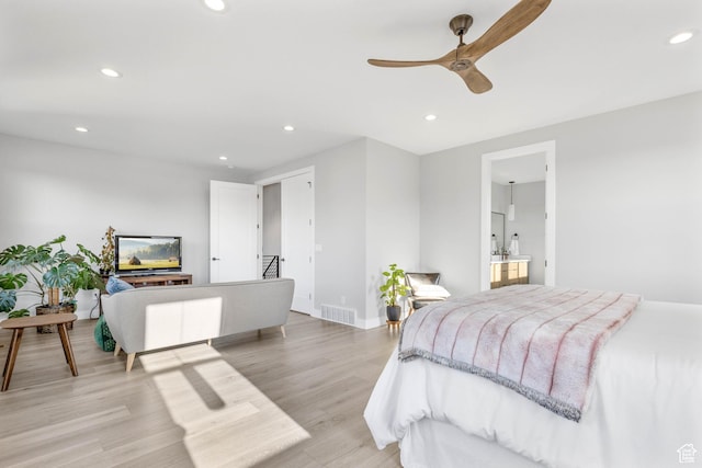 51 N Gray Fox Cir, Kaysville, UT 84037 - bedroom featuring ensuite bath, light wood-type flooring, and ceiling fan