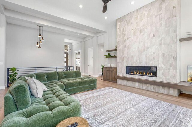 51 N Gray Fox Cir, Kaysville, UT 84037 - living room with ceiling fan, hardwood / wood-style floors, and a fireplace