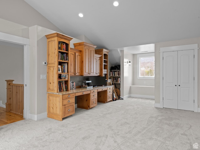 277 W Canyon Crest Rd, Alpine, UT 84004 - kitchen featuring baseboards, built in study area, open shelves, lofted ceiling, and light colored carpet
