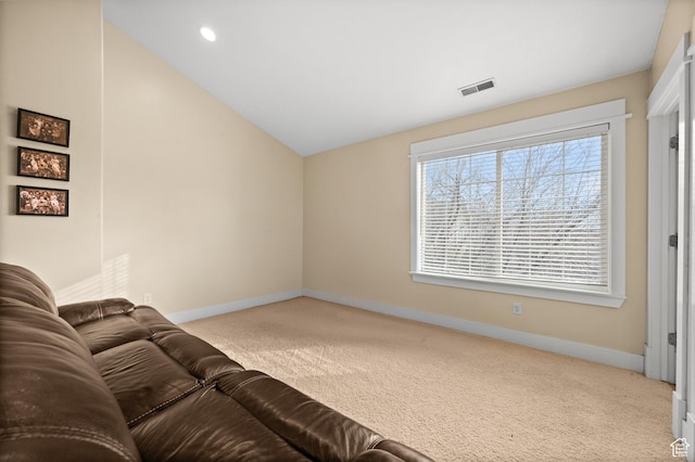 277 W Canyon Crest Rd, Alpine, UT 84004 - carpeted living room featuring visible vents, baseboards, recessed lighting, and vaulted ceiling