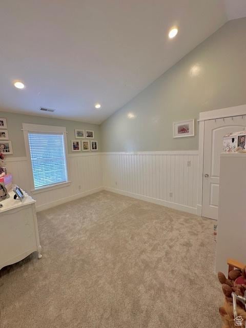 277 W Canyon Crest Rd, Alpine, UT 84004 - interior space featuring light carpet, wainscoting, visible vents, and lofted ceiling