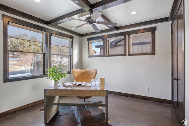 home office with ceiling fan, dark hardwood / wood-style floors, beam ceiling, and coffered ceiling
