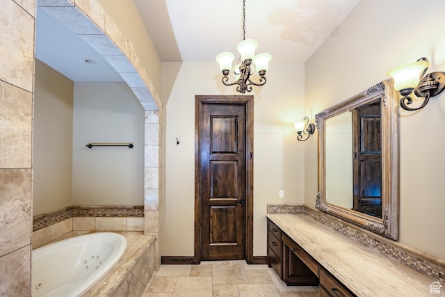 bathroom featuring tiled tub and tile patterned flooring
